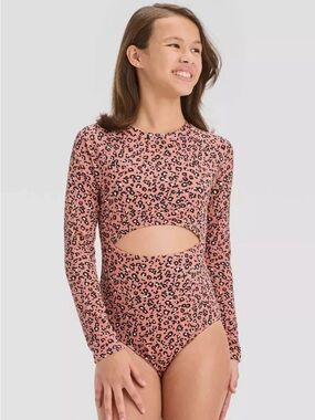 Art Class Girls Large 10/12 Leopard One Piece Swimsuit Rash Guard NEW
